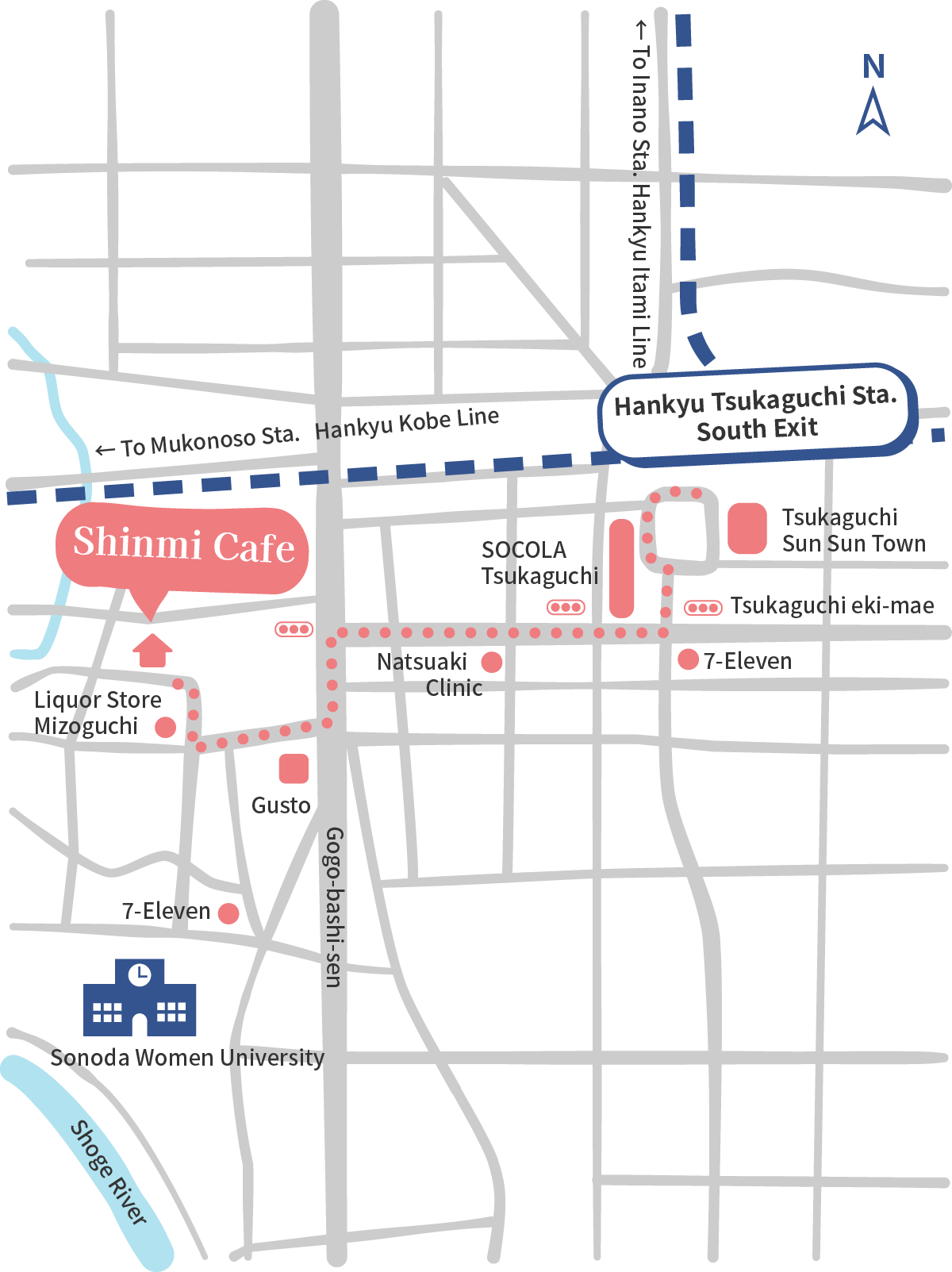 Street Map from Tsukaguchi Station to Shinmi Cafe